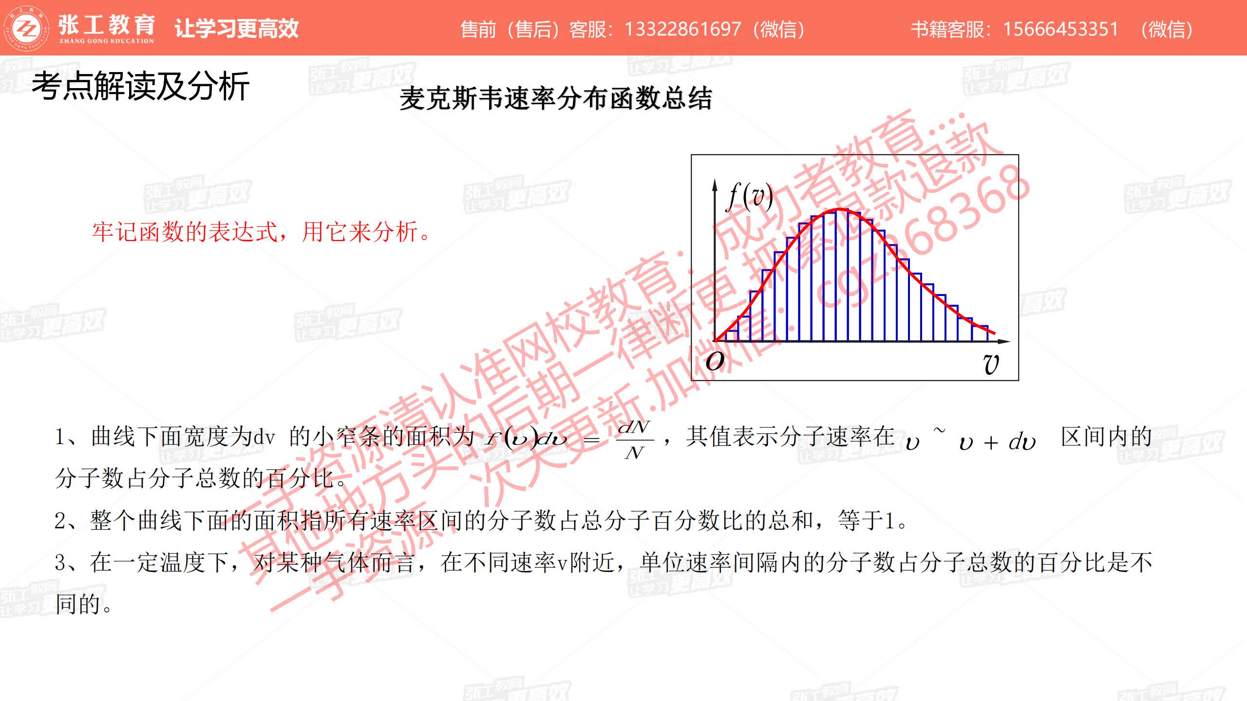 分布函数的图像：小窄条面积意义、总面积为1、不同速率附近的分子数百分比不同
